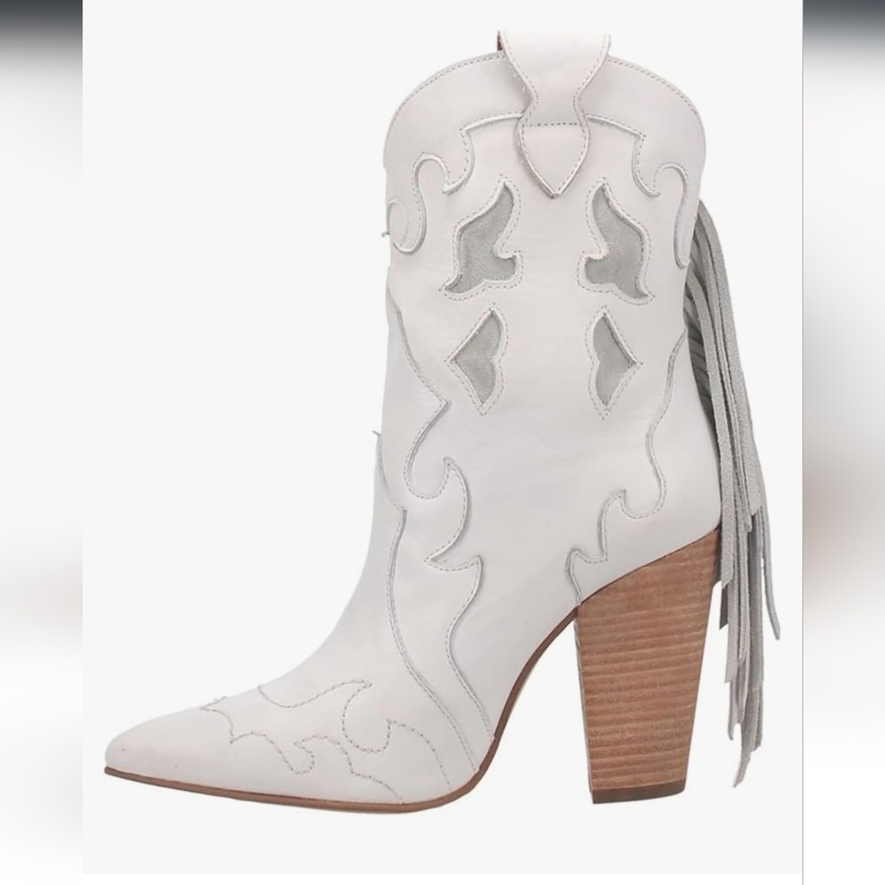 White Leather Western Ankle Boots with Fringe - Picture 3 of 16